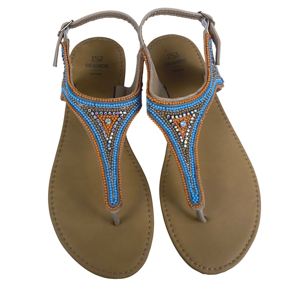 Seaside Woman Beaded Thong Sandals Tan Turquoise Orange Boho Flat Size 39 WPSU